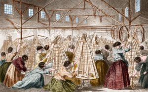Fabbriche di crinoline: posa dei cerchi. Incisione del 1865. da Unknown artist
