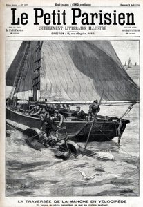 Attraversamento della Manica in velocipede: una barca da pesca raccoglie Georges Pinkert in mare che aveva scommesso di attraversare la Manica con il velocipede acquatico che aveva inventato. Incisione in 