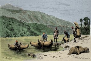 Costumi e metodi di trasporto: pelli di animali gonfiate usate per attraversare i fiumi. Incisione del XIX secolo da Unknown artist