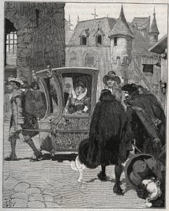 Posate: barcaioli circondano la sedia di Marie de Rabutin-Chantal, Marchesa di Sévigné, per venderle coltelli al suo arrivo a Nogent nel 1675. Incisione del 1885 in 