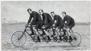 Ciclista su una bicicletta chiamata "quadruplette gladiator". Incisione in "La Nature"