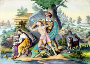 Daniel Boone protegge la sua famiglia: Daniel Boone, pioniere americano (1734 - 1820) che uccide un indiano che attacca la sua famiglia con un