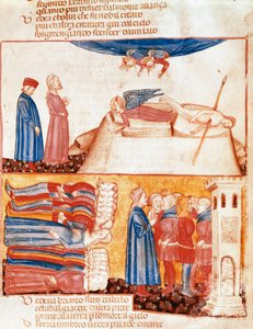 Dante e Virgilio incontrano le anime dei morti violentemente. Pagina miniata che illustra un canto dell