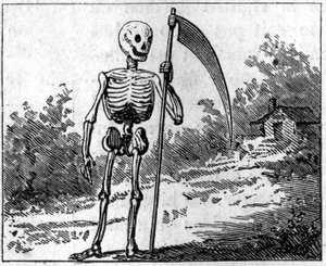 La morte rappresentata con una falce. Incisione del 1860.