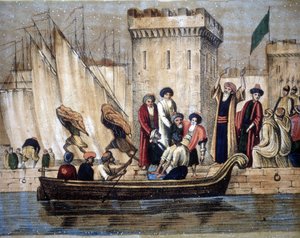 Partenza dei Mori di Algeri, a seguito della colonizzazione francese, un anziano o malato viene caricato su una barca. XIX secolo