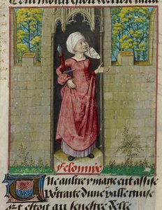 (dettaglio) Miniatura della figura allegorica di Feloniye (Crimine), nella prima colonna del foglio, da 