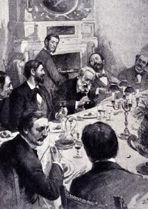 Cena al tavolo con Victor Hugo e Jean Mounet Sully, attore francese. Incisione del XIX secolo da Unknown artist