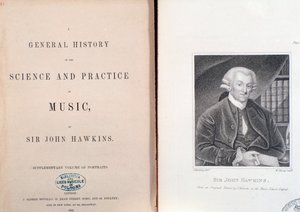 Doppia pagina e frontespizio di Storia Generale della Scienza e Pratica della Musica di John Hawkins