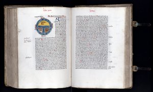 Doppia pagina con la mappa schematica del mondo sul modello T-O, sono rappresentati tre continenti (Asia, Africa ed Europa). Manoscritto "Etymologiae" di Isidoro di Siviglia da Unknown artist