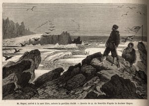 Il Dottor Hayes, arriva al mare libero del polo artico, lo scopo della sua spedizione, pianta la bandiera stellata americana. Incisione per illustrare il viaggio al mare libero del polo artico, del Dottor Hayes, chirurgo della Marina degli Stati Uniti, nel da Unknown artist