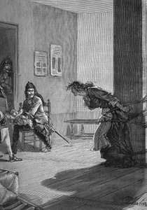 Dragonnades (1685-1686) - tortura di una famiglia protestante: i soldati del re, dragoni, tengono un bambino mentre sua madre è legata a un palo. Incisione del XIX secolo. In “Histoire de France” di Jules Michelet da Unknown artist