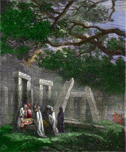 Druidi che praticano un sacrificio umano a Stonehenge fermati dai soldati romani - Incisione colorata del XIX secolo da Unknown artist