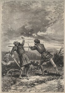Duello e morte di Torquil di Oak - illustrazione del XIX secolo per il romanzo storico 