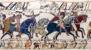 Il Duca Guglielmo mostra il volto al suo esercito, Arazzo di Bayeux (ricamo in lana su lino) da Unknown artist