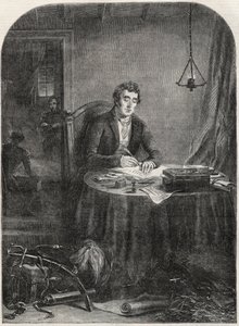 Il duca di Wellington (Arthur Wellesley (1769-1852)) scrive un dispaccio dopo Waterloo, 19 giugno 1815 - incisione 1852 da Unknown artist