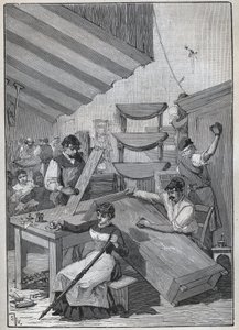 Ebanisteria: laboratorio di verniciatura a tampone. Incisione del 1885 in 
