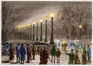 Illuminazione elettrica: lampade da terra dal Victoria quay a Londra, Gran Bretagna. Incisione in 