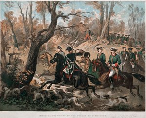 Imperatore Napoleone III (1808-1873) e sua moglie Eugenia de Montijo (1826-1920) passeggiano nella foresta di Compiegne. Litografia a colori intorno al 1855 Milano, Museo del Risorgimento da Unknown artist