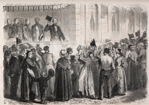 Imperatore Napoleone III (1808-1873) sulla terrazza della villa di Strauss a Vichy, salutato dalla gente della campagna domenica 7 luglio 1861 - Incisione in "The Illustrous World" da Unknown artist