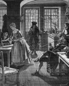 Inghilterra, fine XVII secolo: uomini che fumano in un caffè. Incisione del XIX secolo. In “Histoire de France” di Jules Michelet da Unknown artist