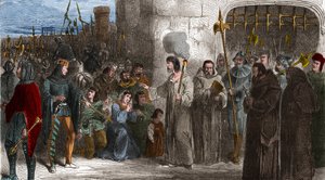 Enguerrand de Marigny (1260-1315) ciambellano e ministro del re Filippo IV il Bello cammina verso la tortura nel 1315. Incisione in 