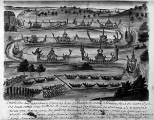 Entrata degli ambasciatori francesi nel fiume Siam - in "Viaggi del regno di Siam, storici del 1688" da Unknown artist