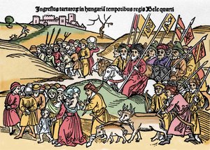 Ingresso dei Tartari in Ungheria sotto il regno di Bela IV. Incisione da "Chronica Hungariae". Biblioteca Marciana, Venezia da Unknown artist