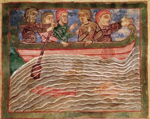 Episodio della vita di Santa Radegonda di Poitiers (519-587), moglie di Clotario I, re dei Franchi: Radegonda rappresentata su una barca che salva Florio (?) dalle acque. Miniatura da un manoscritto dell