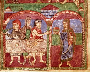 Episodio della vita di Santa Radegonda di Poitiers, moglie di Clotario I, re dei Franchi: Radegonda durante le sue opere di carità serve alla tavola dei poveri (miniatura da un manoscritto dell