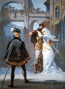 Ernani di Giuseppe Verdi, Atto II, Scena II. Cromolitografia del XIX secolo