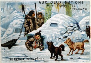 Esquimesi - Il ritorno dalla pesca, Pubblicità del Magasin “aux deux Nations” Boulogne circa 1895 da Unknown artist