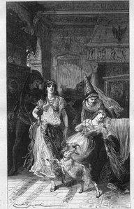 Esmeralda e Fleur de Lys (Fleur-de-Lys). Illustrazione di "Notre Dame de Paris" di Victor Hugo (1802-1885). Incisione fine XIX secolo