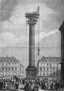 Installazione della nuova statua (rappresentante Napoleone I) sopra la colonna di Place Vendôme nel 1° arrondissement di Parigi il 4 novembre. da Unknown artist