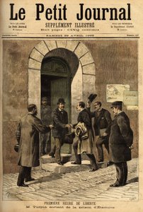 Eugene Turpin (1848-1927), chimico, inventore nel 1884 della melinite (un esplosivo), ingiustamente accusato di aver venduto la sua invenzione al nemico, fu innocente e liberato dalla prigione di Etampes. Incisione in "Le petit journal" 29/04/1893. Collezi da Unknown artist