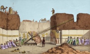 Scavi di Ninive - Le rovine di Nimrud da Henri Layard (dopo il suo viaggio in Mesopotamia nel XIX secolo); sostituzione del grande toro alato - La spedizione di un toro alato da Nimrud, durante gli scavi di Sir Austen Henry da Unknown artist