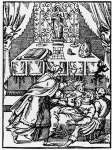 Esorcismo: un demone lascia il corpo di una strega posseduta mentre un prete le offre la Comunione - Incisione di "Prodigious Stories" di Pierre Boaistuau