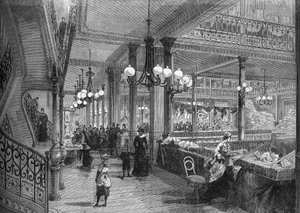 Espansioni dei negozi "Bon marché": Nuova galleria che conduce al Buffet. Parigi 1880