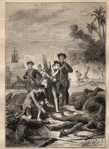 Spedizione di Jean Francois de Survillle (1717-1770) nei Mari del Sud (1769-1770): i marinai di Surville raccolgono le armi degli indigeni morti durante la battaglia (Nuova Irlanda, Papua Nuova Guinea) - illustrazione tratta da “I grandi marinai del XVIII 