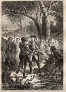 Spedizione di Nicolas Thomas Marion-Dufresne (Marion Dufresne) (1729-1772): Marion sbarcò nella Baia di Frederick Henry (Tasmania) e fu offerto un brandon acceso dagli indigeni - illustrazione tratta da 