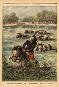 Esperienza di passaggio del fiume da parte del 7º reggimento di dragoni a Fontainebleau. Incisione in "Le petit journal" 6/09/1896. Collezione Selva da Unknown artist