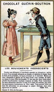 Esperimento di due bambini con fiammiferi e un coltello. Cromolitografia del packaging dei cioccolati Guérin Boutron. da Unknown artist