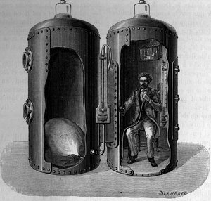 Esperimento sulla pressione barometrica del fisiologo Paul Bert (1833-1886): respirazione di aria sovraossigenata, dilatata riducendo la pressione. Incisione in "La Nature: revue des sciences et de leurs applications aux arts et a l
