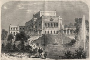 Veduta esterna del nuovo teatro di Lipsia, Germania. Incisione in 