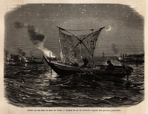Pesca al fuoco nella baia di Yedo (o Edo, odierna Tokyo), durante la notte, ogni barca porta una sorta di griglia con luci anteriori, la luce attira i pesci che vengono catturati con una grande rete. Incisione per illustrare il Giappone, racconto di viaggi