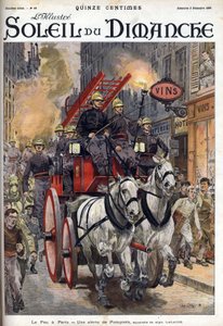 Incendio a Parigi: un allarme dei vigili del fuoco. Incisione in "Le sun-du-dimanche", 3 dicembre da Unknown artist