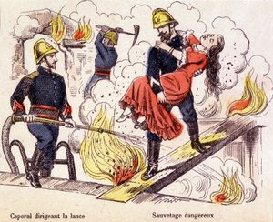 Pompiere che salva una giovane donna dalle fiamme di un incendio. da Unknown artist