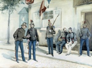 Vigili del fuoco davanti alla loro caserma nel 1870 da Unknown artist