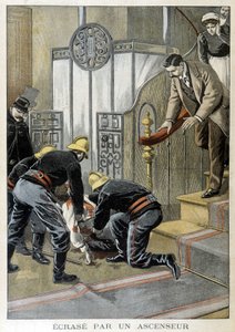 Vigili del fuoco che salvano un uomo schiacciato da un ascensore in un edificio parigino. Illustrazione del "Little Journal" del 1899 da Unknown artist