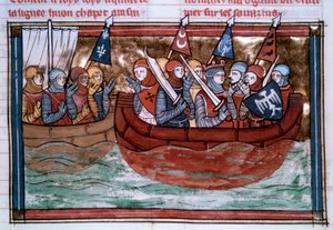 Prima crociata: Goffredo di Buglione (1060-1100) e i crociati in viaggio verso la Terra Santa. Miniatura dal "Romanzo di Goffredo di Buglione e Saladino" da Unknown artist