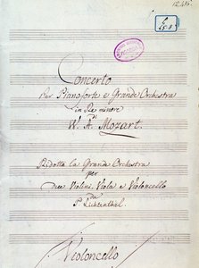 Prima pagina della partitura per Concerto per pianoforte e grande orchestra in re minore di Mozart, versione Lichtenthal (XIX secolo)